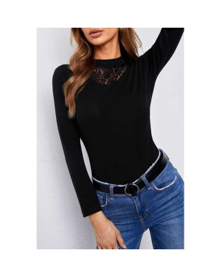 Black Mock Neck Lace Insert Slim Fit Long Sleeve Basic T Shirt - from category Long Sleeve Tops