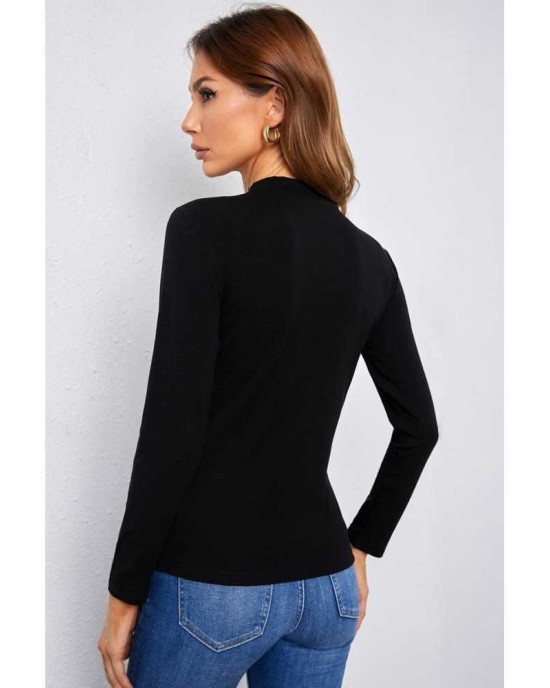 Black Mock Neck Lace Insert Slim Fit Long Sleeve Basic T Shirt - from category Long Sleeve Tops