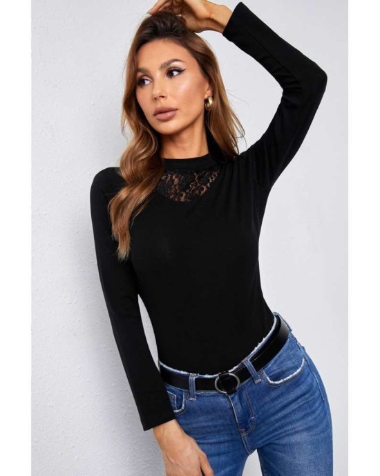 Black Mock Neck Lace Insert Slim Fit Long Sleeve Basic T Shirt - from category Long Sleeve Tops