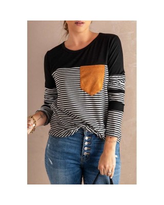 Black Pinstripe Patch Pocket Top - from category Long Sleeve Tops