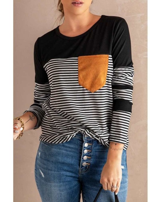 Black Pinstripe Patch Pocket Top - from category Long Sleeve Tops