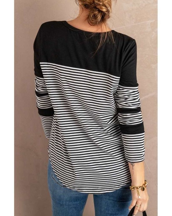 Black Pinstripe Patch Pocket Top - from category Long Sleeve Tops