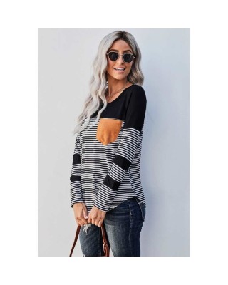 Black Pinstripe Patch Pocket Top - from category Long Sleeve Tops