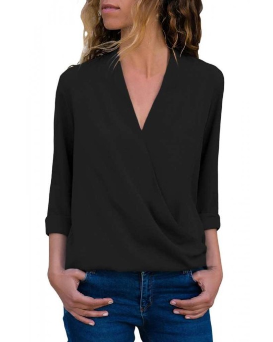 Black Wrap Front Long Sleeve Blouse - from category Long Sleeve Tops