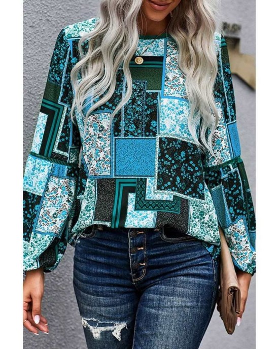 Blue Bohemian Floral Print Patchwork Top - from category Long Sleeve Tops