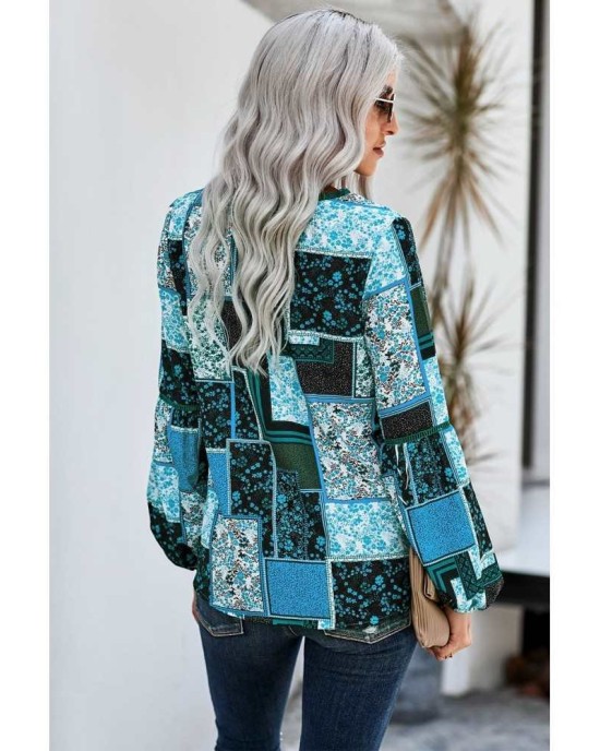 Blue Bohemian Floral Print Patchwork Top - from category Long Sleeve Tops