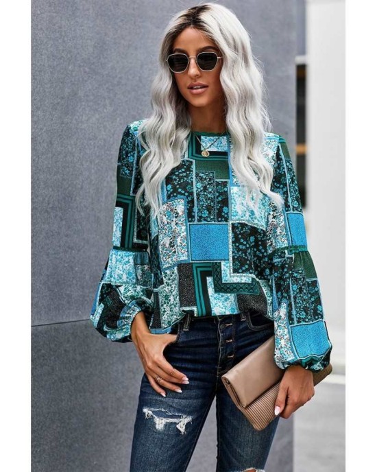 Blue Bohemian Floral Print Patchwork Top - from category Long Sleeve Tops