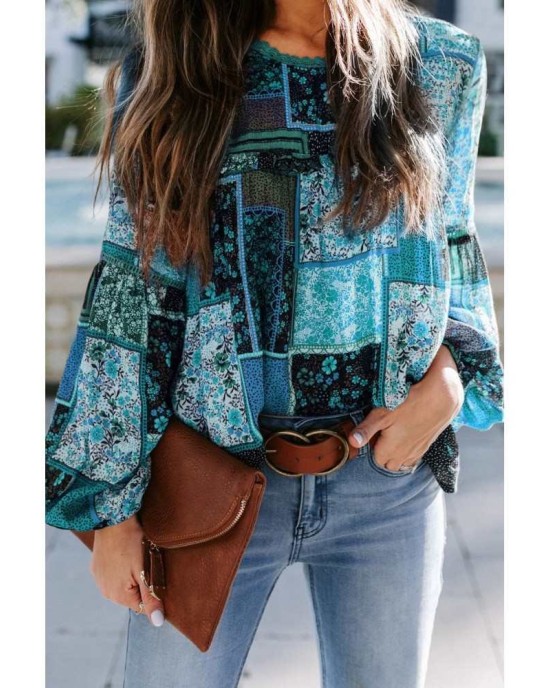 Blue Bohemian Floral Print Patchwork Top - from category Long Sleeve Tops