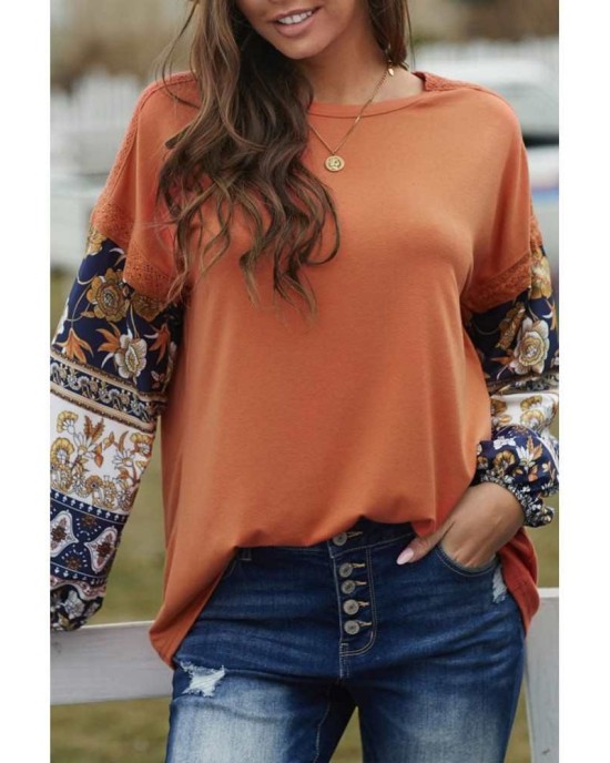 Brown Boho Floral Print Balloon Sleeve Top with Lace Details - from category Long Sleeve Tops