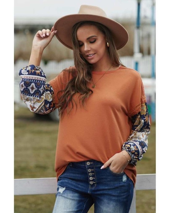 Brown Boho Floral Print Balloon Sleeve Top with Lace Details - from category Long Sleeve Tops