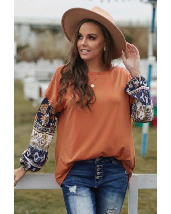 Brown Boho Floral Print Balloon Sleeve Top with Lace Details - from category Long Sleeve Tops