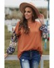 Brown Boho Floral Print Balloon Sleeve Top with Lace Details - from category Long Sleeve Tops