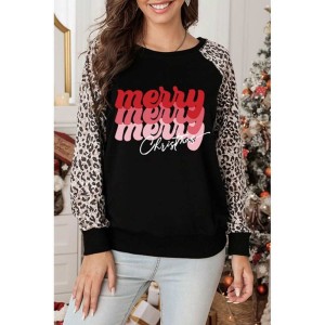 Christmas Letter Print Leopard Long Sleeve Shirt - from category Long Sleeve Tops