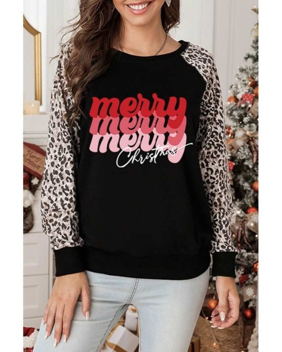 Christmas Letter Print Leopard Long Sleeve Shirt - from category Long Sleeve Tops