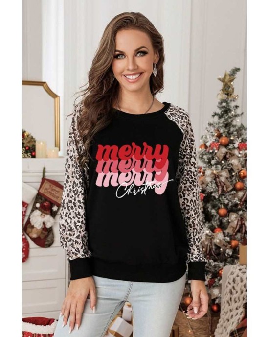 Christmas Letter Print Leopard Long Sleeve Shirt - from category Long Sleeve Tops