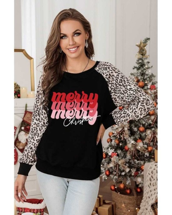 Christmas Letter Print Leopard Long Sleeve Shirt - from category Long Sleeve Tops