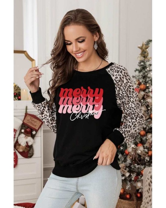 Christmas Letter Print Leopard Long Sleeve Shirt - from category Long Sleeve Tops