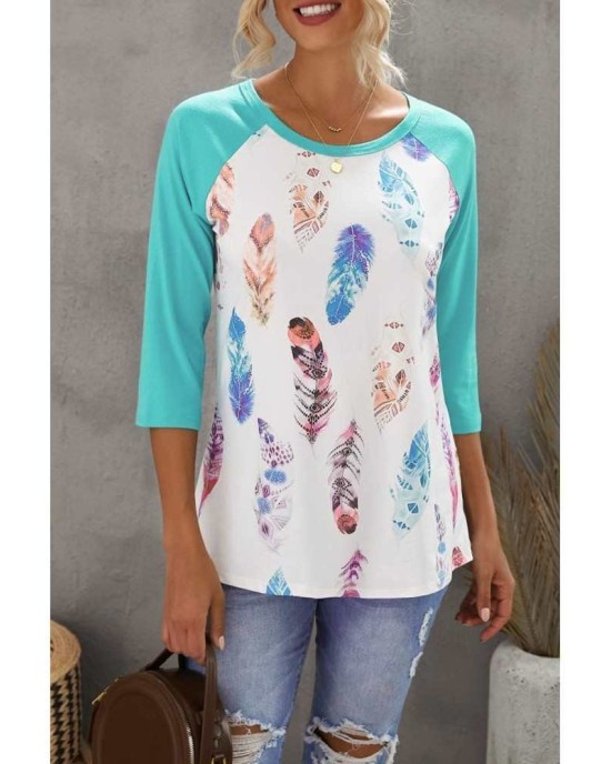 Green Feather Print 3/4 Raglan Sleeve Top