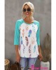 Green Feather Print 3/4 Raglan Sleeve Top