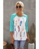 Green Feather Print 3/4 Raglan Sleeve Top