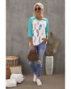 Green Feather Print 3/4 Raglan Sleeve Top