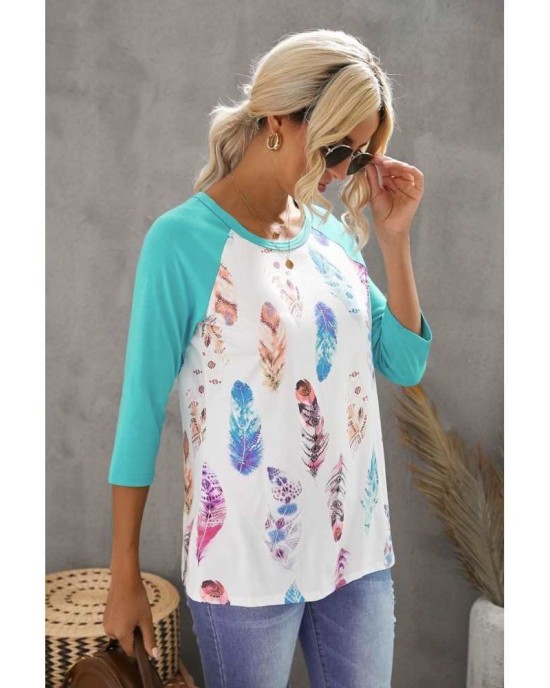 Green Feather Print 3/4 Raglan Sleeve Top