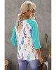 Green Feather Print 3/4 Raglan Sleeve Top