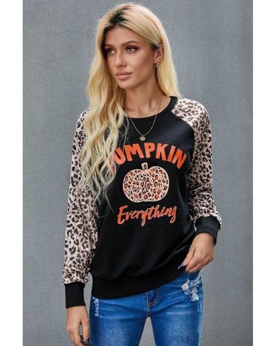 Halloween Leopard Pumpkin Print Long Sleeve Crew Neck Top - from category Long Sleeve Tops