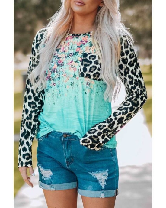 Leopard Tie-dye Splicing Long Sleeve Top - from category Long Sleeve Tops