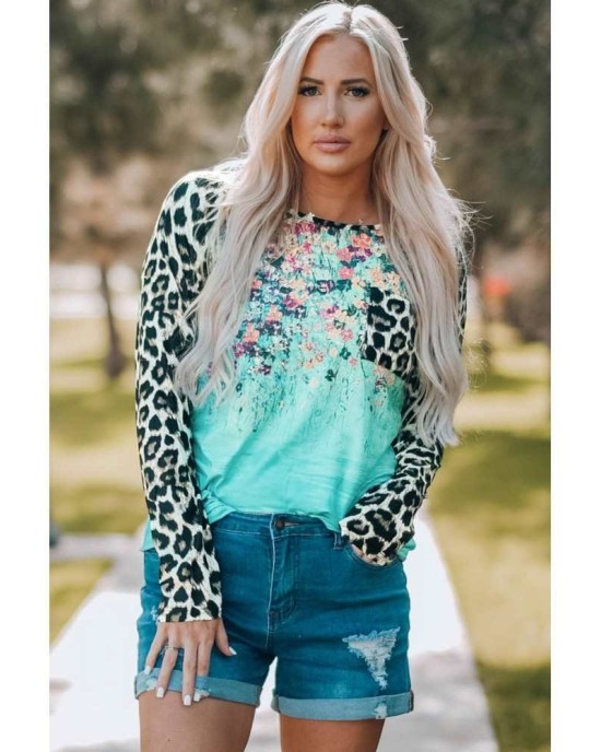 Leopard Tie-dye Splicing Long Sleeve Top - from category Long Sleeve Tops