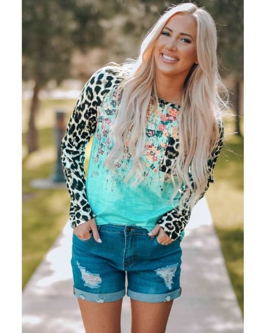 Leopard Tie-dye Splicing Long Sleeve Top - from category Long Sleeve Tops