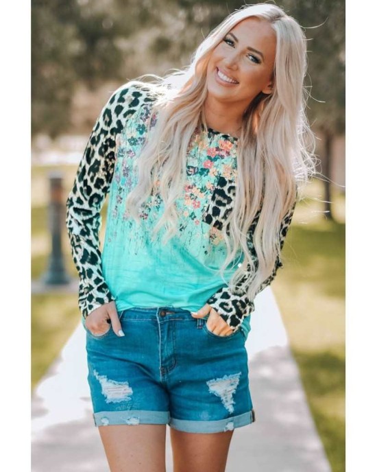 Leopard Tie-dye Splicing Long Sleeve Top - from category Long Sleeve Tops