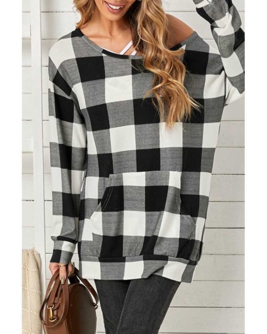 Plaid Kangaroo Pocket Long Sleeve Blouse - from category Long Sleeve Tops