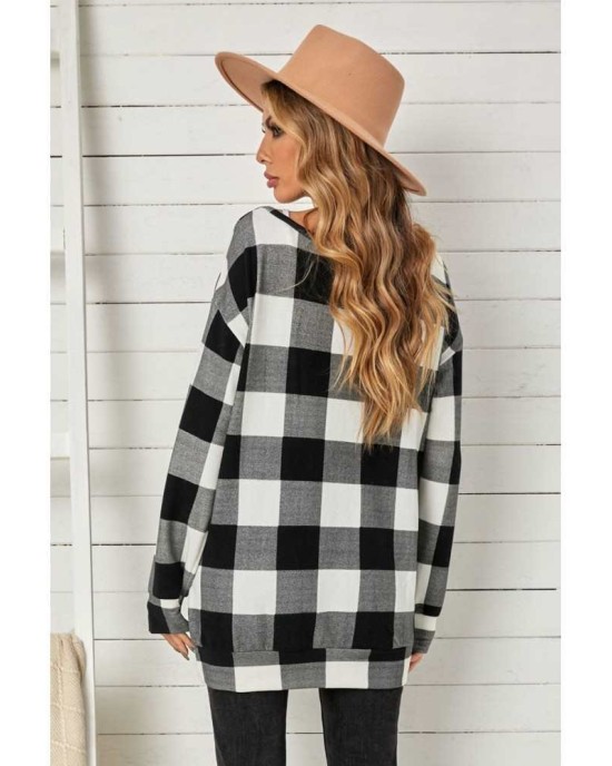 Plaid Kangaroo Pocket Long Sleeve Blouse - from category Long Sleeve Tops