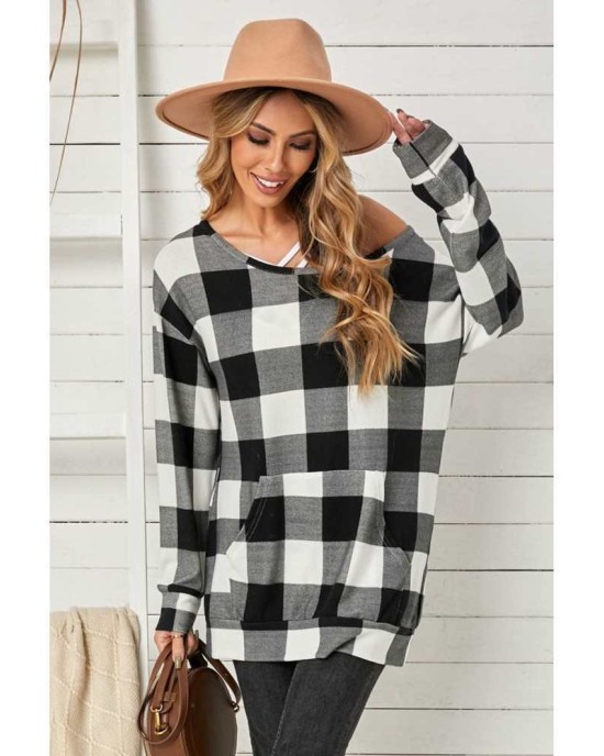 Plaid Kangaroo Pocket Long Sleeve Blouse - from category Long Sleeve Tops