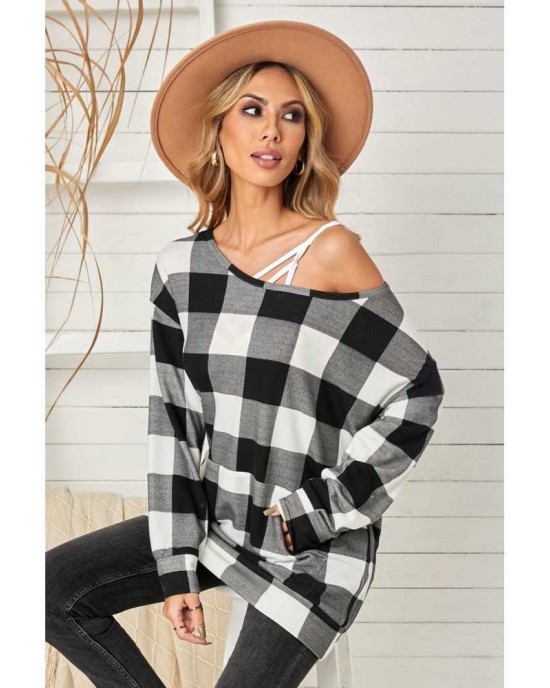 Plaid Kangaroo Pocket Long Sleeve Blouse - from category Long Sleeve Tops