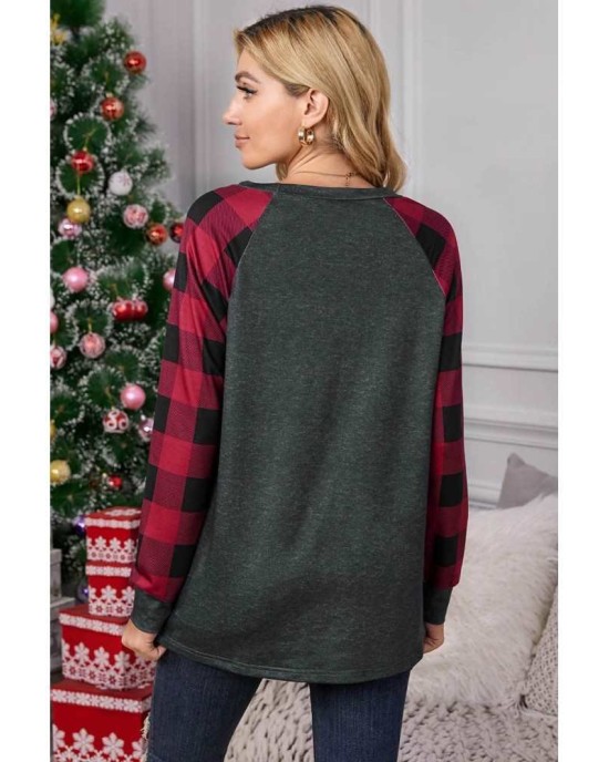 Red Plaid Christmas Print Long Sleeve Top - from category Long Sleeve Tops