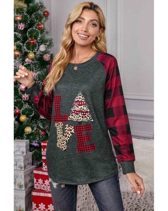 Red Plaid Christmas Print Long Sleeve Top - from category Long Sleeve Tops