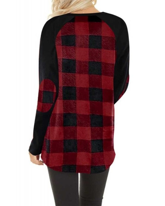 Red Plaid Long Sleeve Top with Elbow Patch - from category Long Sleeve Tops