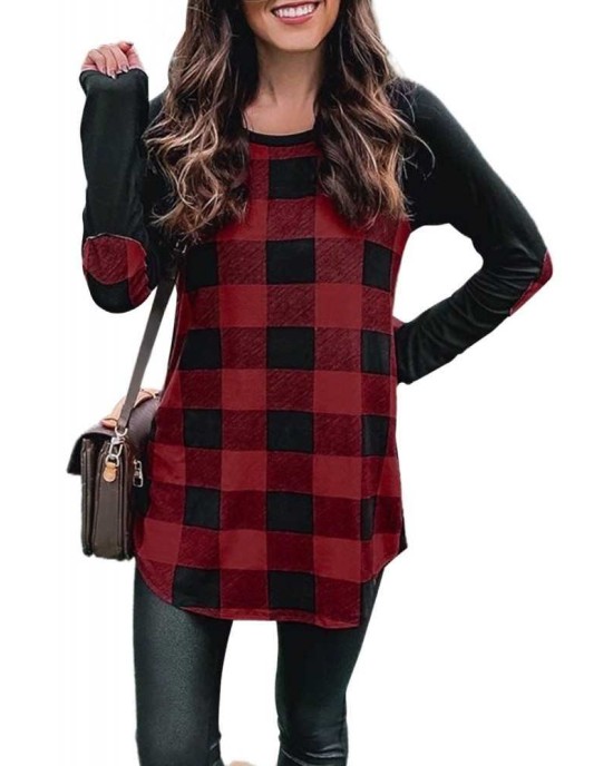 Red Plaid Long Sleeve Top with Elbow Patch - from category Long Sleeve Tops