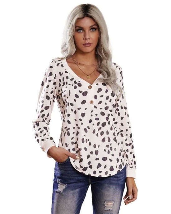 Spotted Print Apricot Long Sleeve Knit Top - from category Long Sleeve Tops