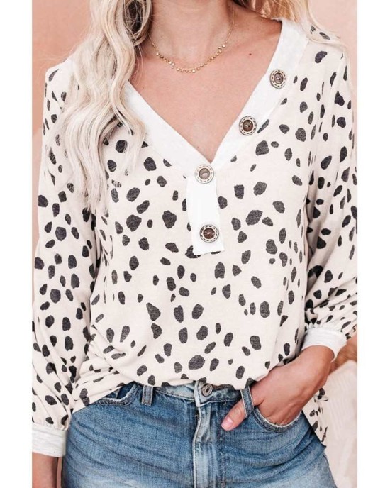 Spotted Print Apricot Long Sleeve Knit Top - from category Long Sleeve Tops