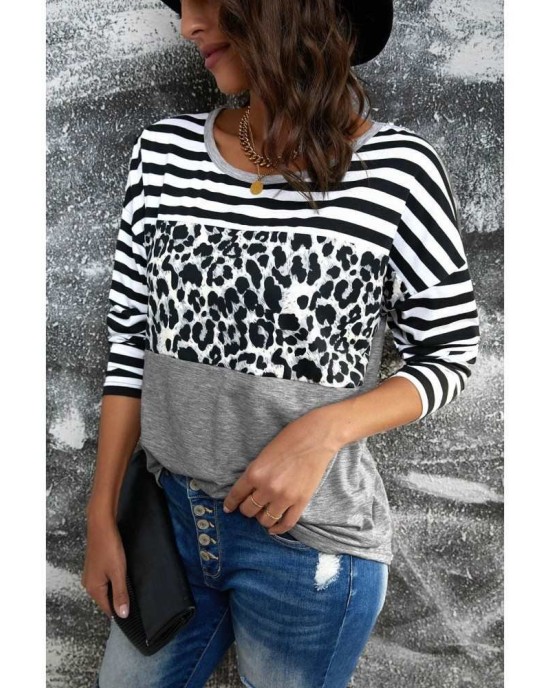 Striped Leopard Block Splicing Long Sleeve Top - from category Long Sleeve Tops