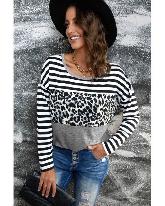 Striped Leopard Block Splicing Long Sleeve Top - from category Long Sleeve Tops