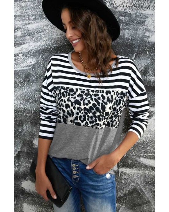 Striped Leopard Block Splicing Long Sleeve Top - from category Long Sleeve Tops