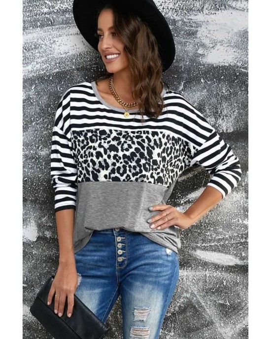 Striped Leopard Block Splicing Long Sleeve Top - from category Long Sleeve Tops