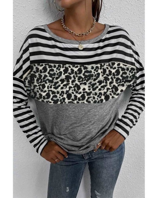 Striped Leopard Block Splicing Long Sleeve Top - from category Long Sleeve Tops