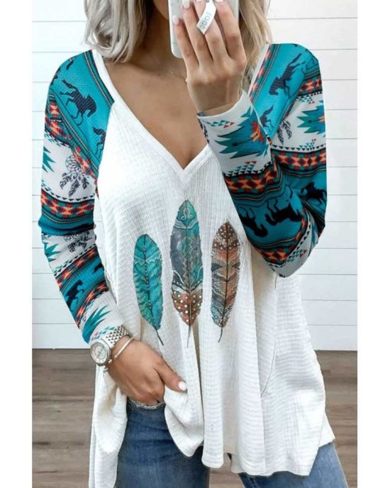 Western Aztec Geometric Feather Horse Blouse - from category Long Sleeve Tops