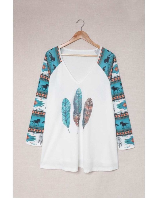 Western Aztec Geometric Feather Horse Blouse - from category Long Sleeve Tops