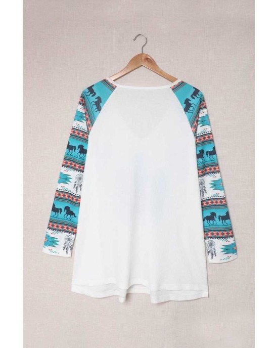 Western Aztec Geometric Feather Horse Blouse - from category Long Sleeve Tops